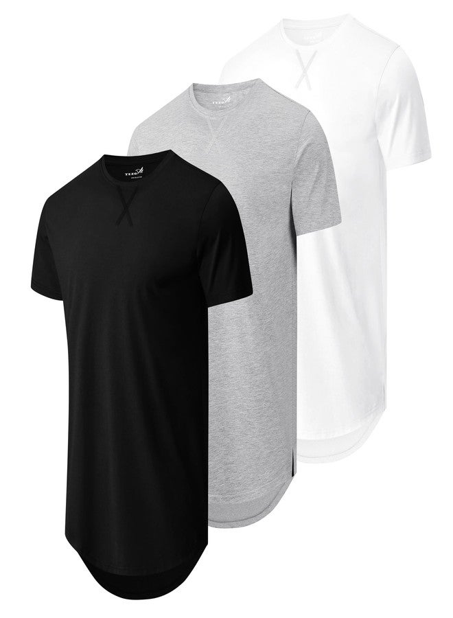 TEZO Mens 3 Pack Plain Cotton Shirts Short Sleeve Casual Crew Neck T-Shirts Hipster Hip Hop Longline Tees Shirts Drop Cut Curved Hem Shirt (BKLGWT L) - Image 1